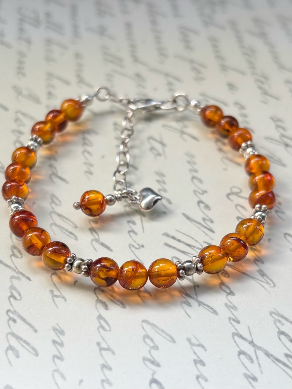 Baltic Amber Beaded Bracelet with Sterling Silver Accents - Adjustable